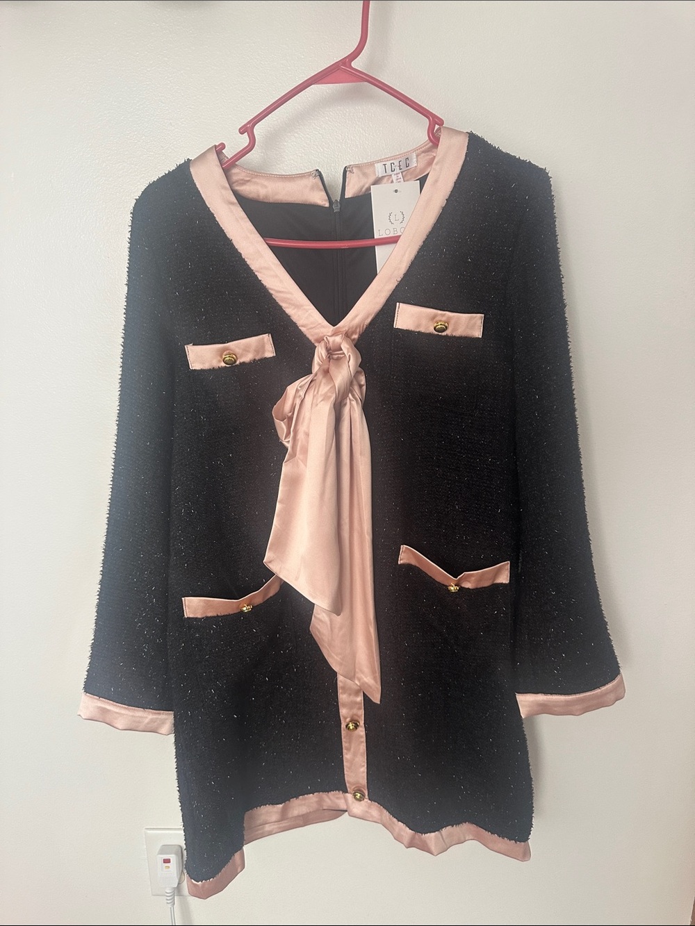 TCEC Black Bouclé Jacket with Blush Pink Satin Trim and Bow